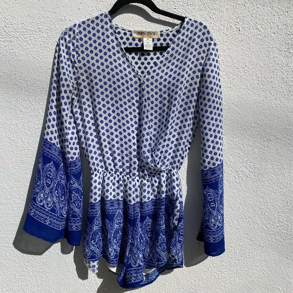 Mama Chica White & Blue Embroidered Romper